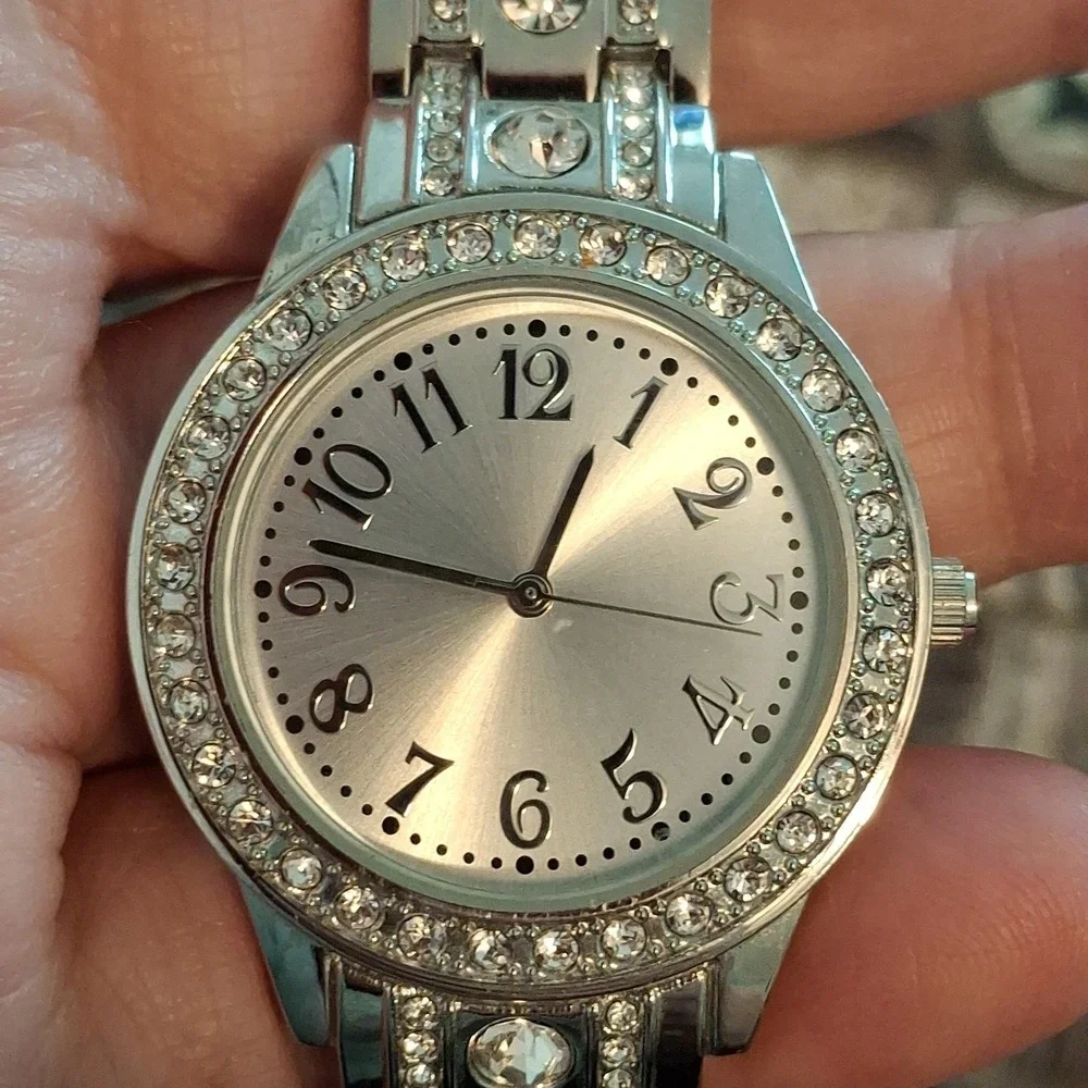 Two Womens Rhinestone Encrusted Silvertone 34mm Watches. Pre-Owned.